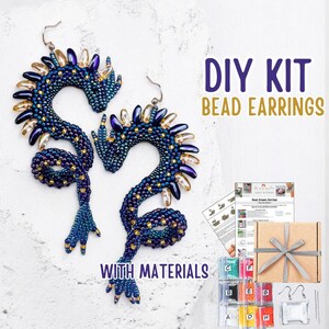 DIY Dark Navy Blue Dragon Bead Earrings Kit, Night Blue Reptile Jewelry Making Pattern, Beading Tutorial, Handmade Craft Gift for Adults