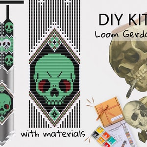 May include: A DIY kit for a loom gerdan project. The design features a green skull with red eyes and a black outline. The text "DIY KIT Loom Gerdan with materials" is visible. The kit includes a pattern and materials.