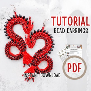 May include: Red and black beaded dragon earrings with a tutorial and PDF download. The earrings are in the shape of a dragon, with red beads and black accents. The text "TUTORIAL BEAD EARRINGS" and "INSTANT DOWNLOAD" are also visible.