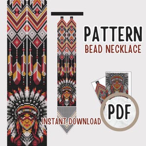 Könnte beinhalten: Ein digitales Muster für eine Perlenkette mit einem indianischen Design. Das Design zeigt geometrische Muster in Rot, Gelb und Weiß auf schwarzem Hintergrund, mit dem Text "PATTERN BEAD NECKLACE" und "INSTANT DOWNLOAD". Ein PDF-Symbol ist ebenfalls vorhanden.