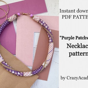 PDF Schema collana patchwork viola - Schema corda per uncinetto con perline - Laccio fai da te con fiori viola - Download immediato - Tutorial per uncinetto con perline