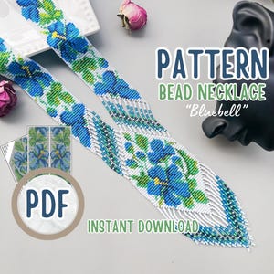 May include: A PDF pattern for a beaded necklace with a bluebell design. The necklace is white with blue, green, and yellow beads. The pattern is available for instant download.