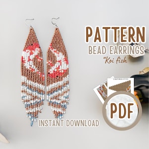 PDF DIY koi fish Bead Fringe earring pattern, brown fish Earrings Pattern, blue ocean Brick stitch earrings, craft gift, easy bead tutorial