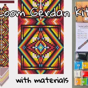 May include: A loom beading kit for making a colorful beaded necklace. The kit includes a pattern, beads in various colors, and a needle. The necklace is shown in the image, with a geometric design featuring red, orange, yellow, blue, and black beads.