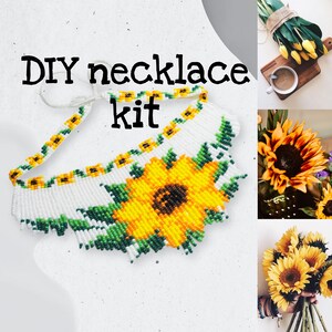 Puede incluir: Kit de collar DIY con un diseño de girasol de cuentas. El collar es blanco con cuentas amarillas y verdes. El texto "DIY necklace kit" está escrito en letras negras sobre un fondo blanco.