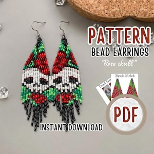 May include: A digital download pattern for beaded earrings. The earrings are red, green, black, and white with a skull design. The pattern is called "Rose skull" and is available in PDF format.