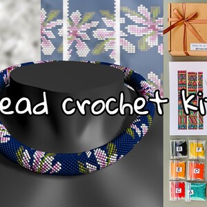 DIY blue pink flowers Necklace, KIT to Make bead Crochet rope, craft supply kit, make your own bead crochet kit, diy jewelry making ideas