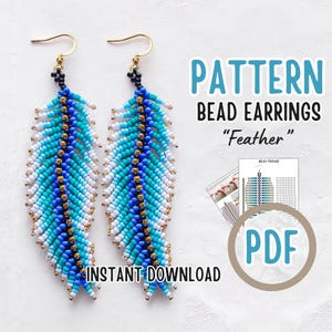 PDF boho native blue Bead Feather Fringe Earring pattern, indian Beading leaf, gift for Crafter, instant download,Seed bead feather tutorial