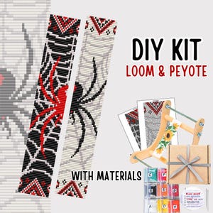 May include: A DIY kit for loom and peyote beadwork featuring a spider and web pattern in black, red, and white. The kit includes a wooden loom, printed pattern sheets, assorted colored beads in labeled containers, and a spool of white thread.