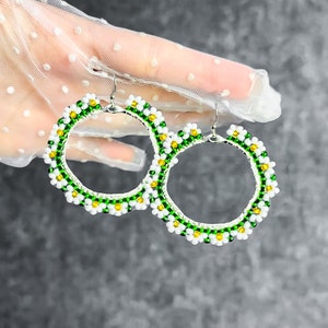 DIY Kit green hoop boho daisy Bead Earrings, white flowers chamomile Spring Earrings making Craft gift, beadwork Native American Earrings image 4