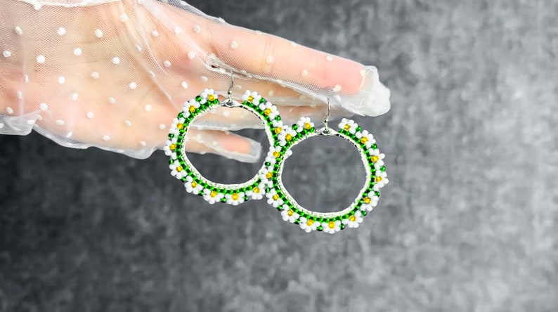 DIY Kit green hoop boho daisy Bead Earrings, white flowers chamomile Spring Earrings making Craft gift, beadwork Native American Earrings image 4