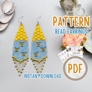 May include: A pair of beaded earrings with a bee design. The earrings feature yellow and blue beads, with a fringe of white and yellow beads at the bottom. The text "PATTERN BEAD EARRINGS" and "INSTANT DOWNLOAD" are visible.