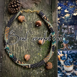May include: A beaded crochet kit featuring a black, gold and teal beaded necklace. The necklace is displayed on a wooden surface with acorns and a pine cone.