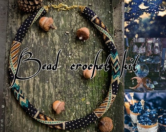 DIY Gold Night Necklace - KIT to Make Bead Crochet rope - Dark blue Crochet Seed beaded necklace+bracelet - Jewelry making KIT - Adult Craft