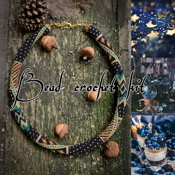 DIY Gold Night Necklace - KIT pour faire une corde de crochet de perle - Collier + bracelet de perles de graines de crochet bleu foncé - KIT de fabrication de bijoux - Adult Craft