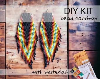 DIY Kit Long American Native Bead Fringe Earrings, black feather ethnic Brick stitch Earrings Pattern, black Jewelry making gift for Crafter