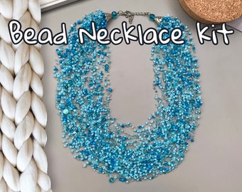 DIY KIT to Make Airy blue Bead Crochet necklace - multistrand necklace tutorial - craft supply diy kit - easy beading jewelry - craft gift