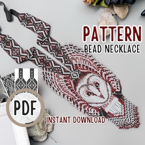 Op de afbeelding: Een kralenkettingpatroon met een geometrisch ontwerp in rood, zwart en wit. De ketting heeft een uilenontwerp en de tekst "PATTERN BEAD NECKLACE INSTANT DOWNLOAD" en "PDF".
