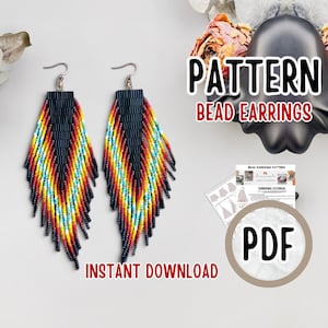 Può includere: Un paio di lunghi orecchini a frange con perline triangolari caratterizzati da una sfumatura di perline nere, rosse, arancioni, gialle e turchesi. L'immagine include il testo PATTERN BEAD EARRINGS, INSTANT DOWNLOAD, PDF e un foglio tutorial.