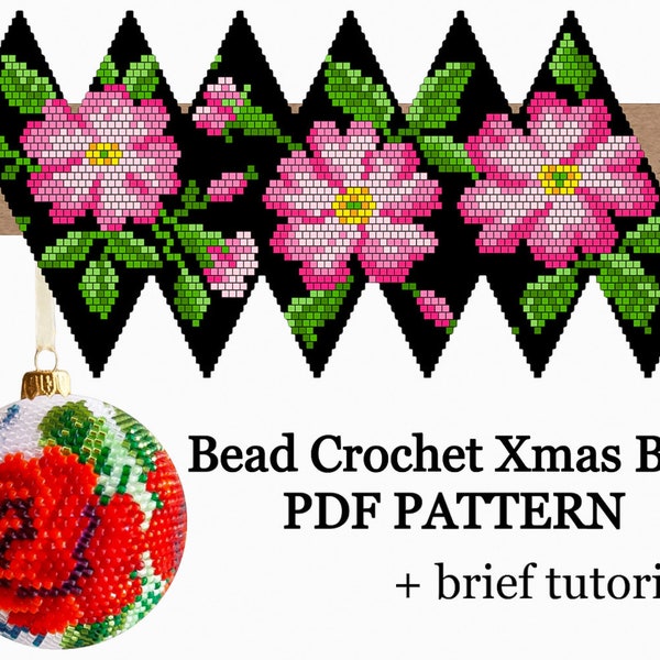 PDF pink Rose hip Beadwork pattern, Bead crochet tutorial, beading pattern, PDF Crochet Christmas decorations, flower Bead xmas ball pattern