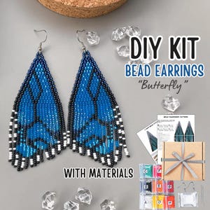 DIY Blue Butterfly Wings Bead Earring Kit, Seed Bead Earring Kit, Bead Fringe Earring, craft gift idea, do it yourself kit, earrings pattern