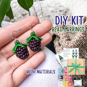 DIY Kit Cute Bead burgundy Blackberry Earrings, beadwork Fruit tutorial, Mini Summer earrings making Craft, Gift for her, Berry Pattern