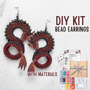 DIY Dark Red Dragon Bead Earrings Kit, Black Volcano Reptile Jewelry Pattern, Gothic Dragon Beading Tutorial, Handmade Craft Gift for Adults