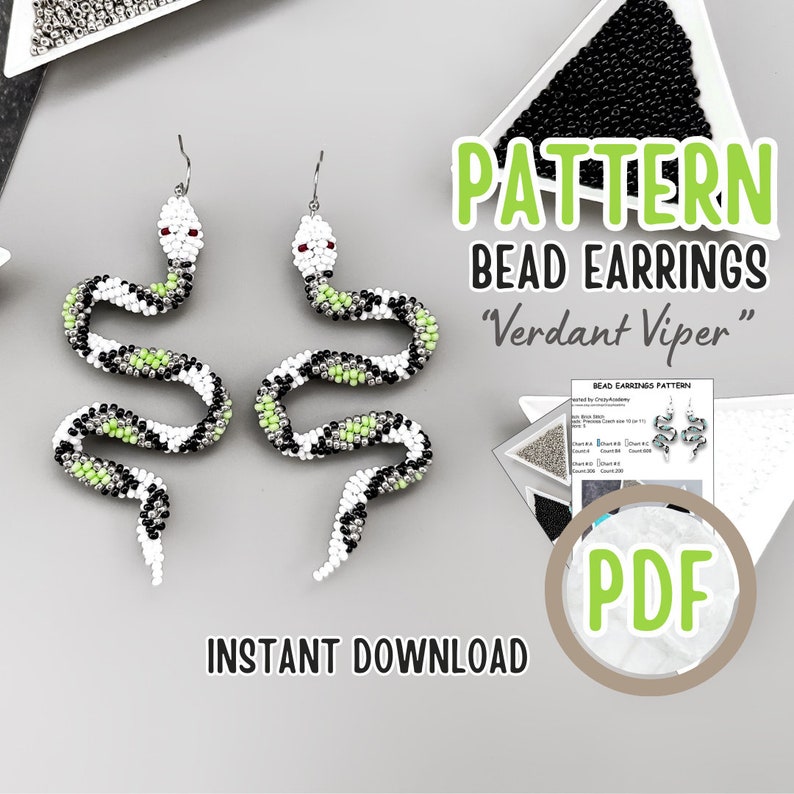 May include: A PDF pattern for bead earrings shaped like snakes, called "Verdant Viper". The earrings are white, black, and green. The pattern is available for instant download.