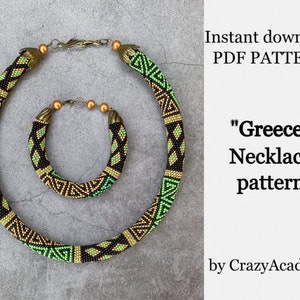 May include: A black and green beaded necklace and bracelet set with gold accents. The set is called "Greece" and is a PDF pattern by CrazyAcademy.