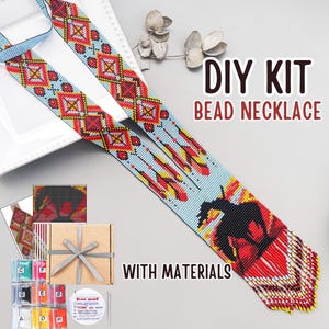 May include: A DIY bead necklace kit with materials. The necklace features a light blue beaded design with red, yellow, and black geometric patterns and a horse silhouette. The kit includes beads, thread, and a box with a ribbon.