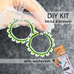 DIY Kit green hoop boho daisy Bead Earrings, white flowers chamomile Spring Earrings making Craft gift, beadwork Native American Earrings image 1