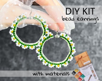 DIY Kit green hoop boho daisy Bead Earrings, white flowers chamomile Spring Earrings making Craft gift, beadwork Native American Earrings