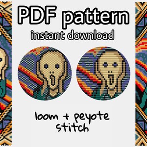 May include: A digital pattern for beading a bracelet featuring The Scream by Edvard Munch. The pattern is for loom and peyote stitch beading. The image shows a close-up of the pattern and the text "PDF pattern instant download loom + peyote stitch".