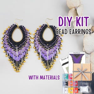 DIY Dragon inspired Bead Fringe Earrings Kit, purple black Earrings Pattern, Jewelry making Adult Craft, Earrings tutorial, gift for crafter