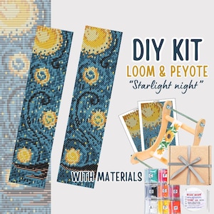 KIT para hacer pulsera de cuentas de peyote en telar - Patrón DIY Noche de estrellas - Tutorial de cuentas - Joyería de noche estrellada Manualidad para adultos - Marcapáginas