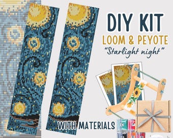 KIT to make Loom Peyote Beading Bracelet - DIY Starlight Night Pattern - bead tutorial - Starry night Jewelry making Adult Craft - Bookmark