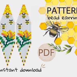 May include: A digital download pattern for beaded earrings featuring a bee and flower design. The pattern is available in PDF format. The text "PATTERN bead earrings" and "instant download" are visible in the image.