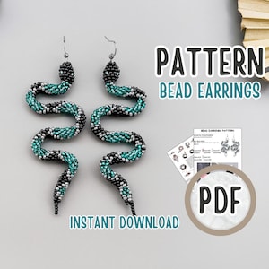 May include: A pair of beaded snake earrings in black, teal, and white. The earrings are in a serpentine shape, with a PDF pattern and the words "Pattern Bead Earrings" and "Instant Download" in the image.
