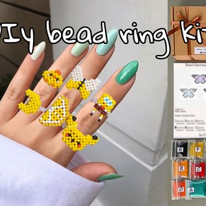 DIY-Set, 6 Stück, Perlenringe, Kreuzstichmuster, Perlenringe-Set, kleine gelbe Boho-Cartoon-Zitronen-Schmetterlings-Perlenringe, Anleitung zur Herstellung