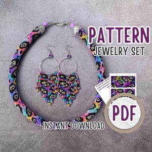 May include: A beaded jewellery set featuring a necklace and earrings. The necklace and earrings have a colourful pattern with black, purple, yellow, and blue beads. The earrings have silver hoops and beaded fringe. The image includes the text "PATTERN JEWELRY SET" and "INSTANT DOWNLOAD".