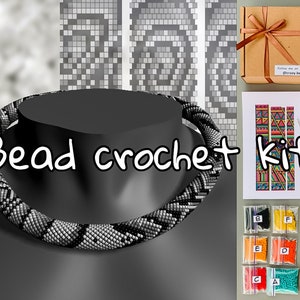 May include: A bead crochet kit with a black and white beaded necklace, colorful beads in small bags, and instructions for making a beaded bracelet. The kit includes needles, a crochet hook, and a small bag of beads.