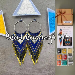DIY evening navy blue Beaded Fringe Hoop Earrings Kit - Long beaded Earrings pattern - tassel earrings making kit - Brick stitch tutorial
