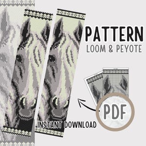 Modèle PDF de bracelet animal en perles de rocaille pour métier à tisser de perles Cheval blanc + motif Peyote, tutoriel de tissage de perles pour bijoux sur le thème du cheval, modèle de bracelet à faire soi-même