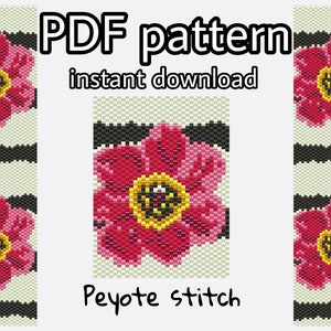 May include: A PDF pattern for a beaded flower bracelet in peyote stitch. The pattern features a pink flower with a yellow centre on a black and white striped background. The text "PDF pattern instant download" and "Peyote stitch" are also included.