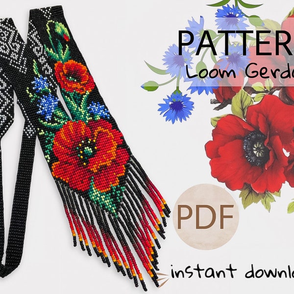PDF red poppies Seed Bead woven necklace, craft pattern black Ethnic woven Gerdan, red flower necklace, Loomwork tutorial, necklace pattern