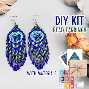DIY Kit blue peacock feather Brick stitch pattern, beading earrings diy kit, blue feather beaded Earring Pattern, earrings making tutorial