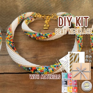 Kit to Make Bead Crochet Necklace - Geometric Design Necklace - Jewelry Making Kit - Crochet white rope - Modern Necklace Set - Tutorial Kit