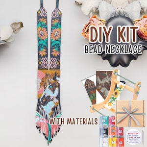 May include: A beaded necklace kit with a horse design. The necklace is primarily navy blue, with orange, turquoise, and pink accents. The kit includes beads, a wooden frame, and the text "DIY KIT BEAD NECKLACE WITH MATERIALS".