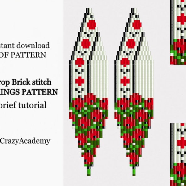PDF Traditional Ukrainian Fringe Beading Earrings Pattern - Ethnic Red poppies flower beaded Earring Pattern - craft earring making tutorial