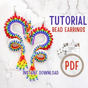 May include: A pair of handmade beaded earrings in a rainbow color scheme. The earrings have a curved design with red, orange, yellow, green, blue, and purple beads. The image also includes the text "TUTORIAL BEAD EARRINGS" and "INSTANT DOWNLOAD".